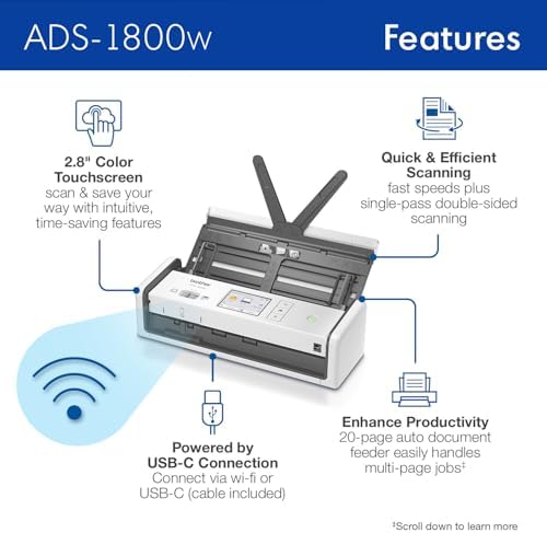 Brother ADS-1800W Wireless Compact Desktop Scanner | Scan Speeds of Up to 30ppm | 2.8" Color Touchscreen (Renewed Premium) - Image 3