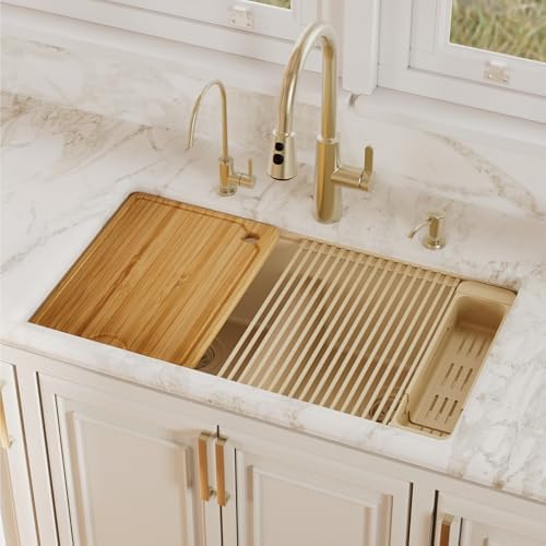 Karran 32.5 Inch Undermount Quartz Composite Workstation Kitchen Sink, 50/50 Double Bowl Low Divide with Color Matched Accessories, Cutting Board, Drying Mat, Colander & Strainers Bisque - Image 2