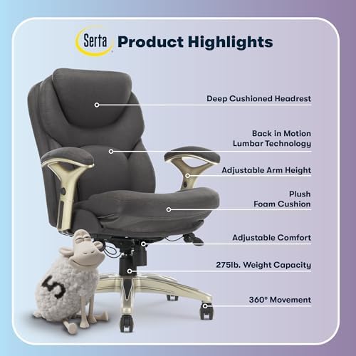 Serta Claremont Executive Office Chair with Back-In-Motion Technology, Ergonomic Mid-Back with Pivot Lumbar Support & Seat, Plush Cushion, Body Pillows, Adjustable Arms, Dark Gray Fabric - Image 4