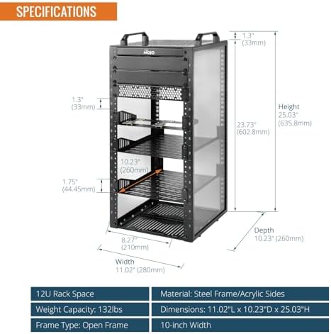 Tecmojo 12U Network Rack, 10 inch Mini Server Rack with 2 Side Translucent Panels & 2 Top Handles, 10.23 inch Deep, for 10 inch IT Equipment & A/V Devices, Black - Image 2