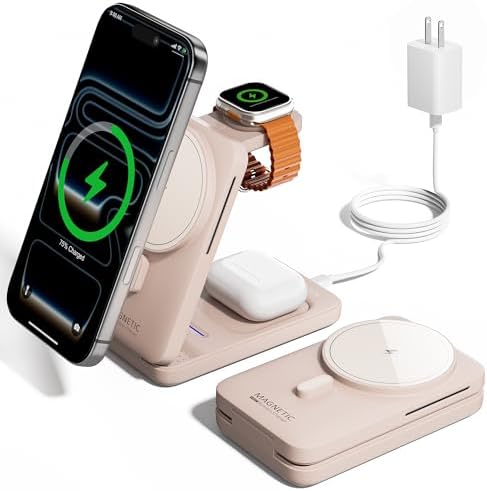 KPON Foldable 3in1 Charging Station for Magsafe, Travel Phone and Watch Charger for Apple Devices, Wireless Charging Dock for iPhone 17 16 15 14 13 12 Series/Apple Watch/Airpods by KPON