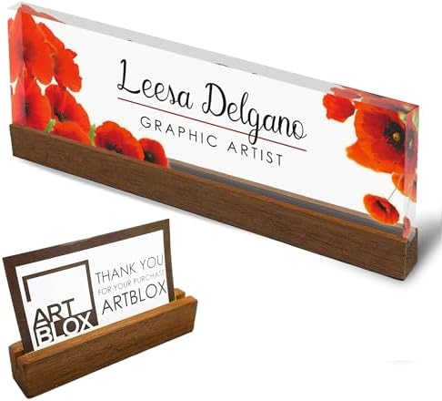 ARTBLOX Personalized Acrylic Desk Name Plate, Poppy Flowers, Wood Stand by Artblox