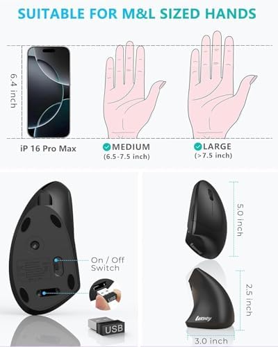 Lekvey Ergonomic Mouse, Rechargeable 2.4G USB Vertical Wireless Mouse - Image 6