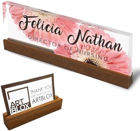 Artblox Personalized Office Desk Name Plate and Business Card Holder | Clear Acrylic Glass with Teak Wood Stand | Pink Daises Design Customized with Your Name and Credentials Office Desk Decor by Artblox