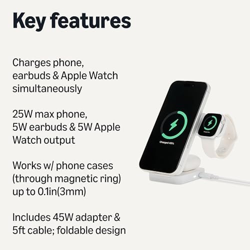 Amazon Basics MagSafe Compatible 25W Fast Charging Qi2.2 Certified 3-in-1 Wireless Charging Station, Foldable Stand for iPhone 17/16/15/14/13/12, Apple Watch, AirPods, with 45W Adapter, White - Image 2