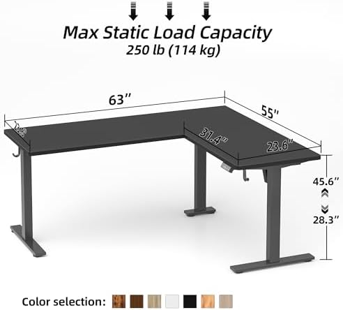 TIQLAB Standing Desk L Shaped, 63x55 Inch Adjustable Height Electric Stand Up Desk, Corner Standing Table with Hooks, Sit Stand Desk with Splice Board, Black - Image 3