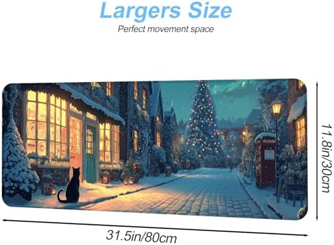 Christmas Winter Village Mouse Pad – 31.5" x 11.8" Large Extended Desk Mat with Black Cat and Christmas Tree Scene – Cozy Holiday Design, Non-Slip Base, Smooth Surface for Home & Office - Image 3
