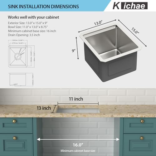 Kichae 13 Undermount Bar Sink Small Stainless Steel 16 Gauge Workstaion - Image 7