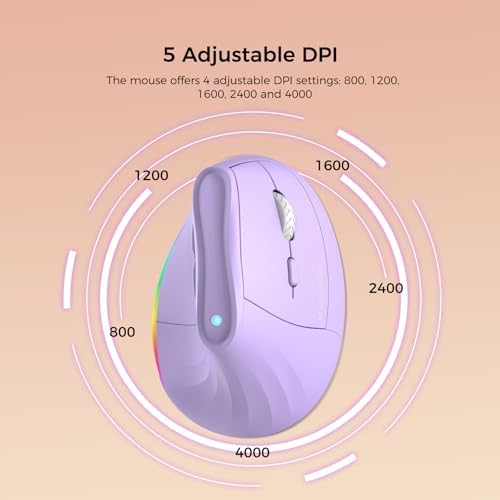 KYSONA 57° Wireless Ergonomic Mouse, Vertical Mouse, Carpal Tunnel Mouse, RGB Light, Rechargeable, Bluetooth & 2.4G, 5-level DPI Adjustment, Quiet Click Ergo Mice Compatible with PC/Laptop/Mac, Purple - Image 2