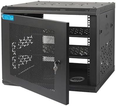 9U Wall Mount Server Cabinet with A Lockable Front Vented Door, Cooling Fans, Removable Side Panels - 45cm Depth, 19" Network Rack Including 2 PCS Full-Size Rack Shelves for IT Equipment by OCEANHUG