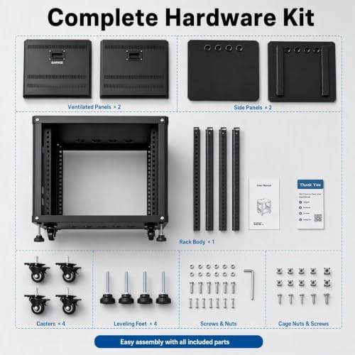 12U Network & Stereo Rack with Caster Wheels, Rolling Server Rack Open Cabinet for Audio Video Musical & IT Equipment Mounting, Round & Square Holes, Build in Handles Heavy Duty - Image 7