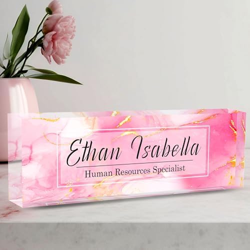 Custom Name Plate for Office - Personalized Desk Decor, Employee Appreciation Gifts - Pink Marble by AeekdookWoodenPuzzles