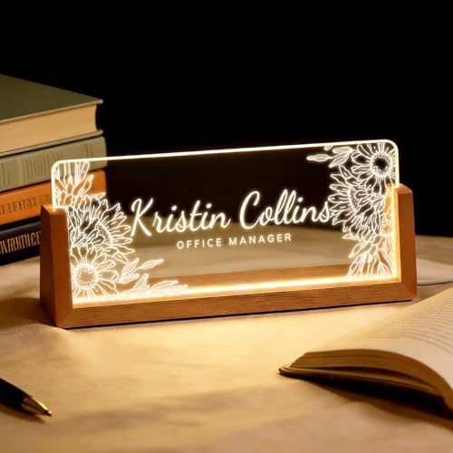 Personalized Light Up Acrylic Desk Name Plate - Custom Name Plate for Desk with Walnut Wood Base - Appreciation Office Gifts for Employees, Teacher, Social Worker (Sunflower) by Unknown