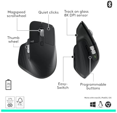 Logitech MX Master 3S - Performance Wireless Mouse with Ultra-Fast Scrolling, Ergo, 8K DPI, Track on Glass, Quiet Clicks, Bluetooth, Windows, Linux, Chrome, Black - Image 6