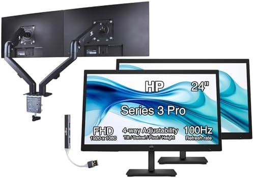 HP Series 3 Pro 24" 100Hz FHD IPS Monitor with Adjustable Tilt/Swivel/Pivot/Height, VESA Mount (100mm), VGA, Displayport,Black 2 Pack HDMI w/DKZ USB Port Expander & ErgoFlexy Dual Mount Arms by HP
