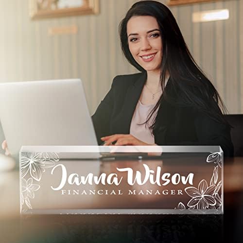 Personalized Desk Name Plate, Custom Acrylic Glass Name Plates for Desks, Office Desk Decor Nameplate, Desk Accessories, Teacher Boss Coworkers Employee Appreciation Gift (Engraved Flower 2) - Image 3