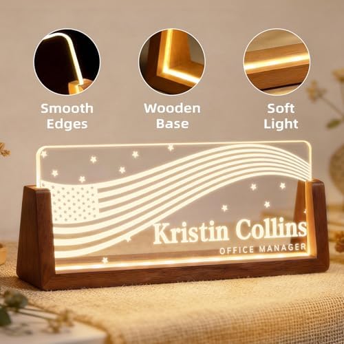 Personalized Light Up Acrylic Desk Name Plate - Custom Name Plate for Desk with Walnut Wood Base - Appreciation Office Gifts for Employees, Teacher, Social Worker (Stars) - Image 7