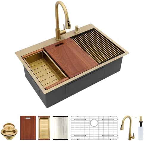 Sarlai 33 Gold Kitchen Sink with Faucet- 33x22 Inch Drop In Kitchen Sink Single Bowl Topmount Gold Ledge Workstation Sinks 16 Gauge Stainless Steel Sinks with Pull-out Faucet by Sarlai