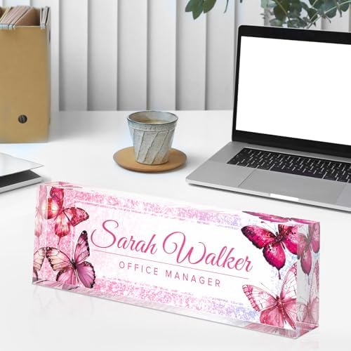 Custom Name Plate for Desk - Desk Name Plate Personalized - Acrylic Office Desk Accessories - Appreciation Gifts for Coworkers Employee Teacher Staff Boss - Office Decor for Women (Pink Butterfly B) - Image 4