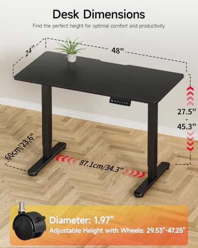 Okin Standing Desk Electric Adjustable Computer Whole Piece Stand up Desk with Wheels Office Gaming Home Office Memory Desks 48x24 inches Black - Image 3