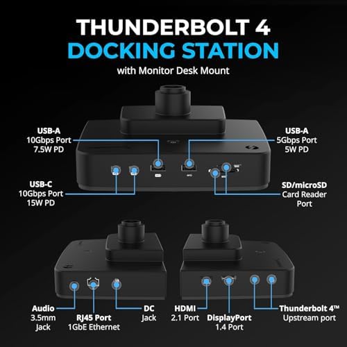 SABRENT Thunderbolt 4 Docking Station with Monitor Desk Mount, Gas-Lift Arm, 4 USB Ports, UHS-II Card Reader, Gigabit Ethernet, HDMI, DisplayPort, 8K/4K, VESA Mount for Monitors up to 32” (DS-T4WA) - Image 2