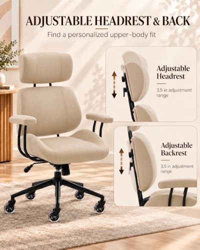 E-Motie Mid-Century Modern Desk Chair, Beige Ergonomic Leather Office Chair - Image 5