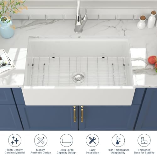 Lordear White Farmhouse Sink - 33 Inch Kitchen Sinks Workstation Apron Front Fireclay 33"x20" Porcelain Ceramic Single Bowl Farmer Sink Farm Sinks 33x20x10 Inch - Image 2