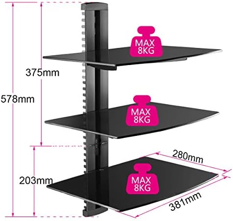suptek 3 Floating Shelf Wall Bracket with Strengthened Tempered Glass for DVD Players/Cable Boxes/Games Consoles/TV Accessories, 3 Shelves, Black, CS303 - Image 3