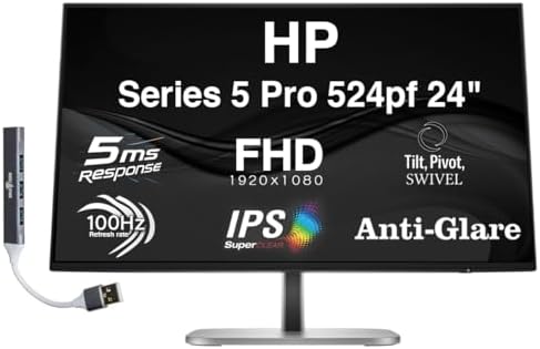 HP Series 5 Pro 524pf 24" FHD IPS Monitor with 5ms Response Time,350nits Brightness, Anti-Glare, Flicker Free, 100 Hz Refresh Rate, Displayport, HDMI & Dockztorm USB Hub, Black/Silver by MichaelElectronics2
