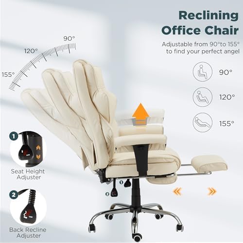 HOMREST Ergonomic Executive Office Chair, 6-Point Massage Manager Chair with Heating Function, Adjustable Backrest Home Office Chair with Adjustable Footrest and Armrests (Beige) - Image 4