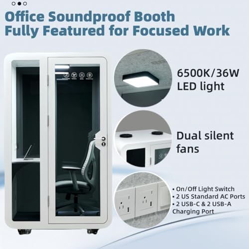GEARONIC Mobile Office Pod, Privacy Pods, Sound Proof Phone Booth, Mobile Roller with Desk, LED Light, Fans and AC USB Ports - White/Smoked Glass - Image 4