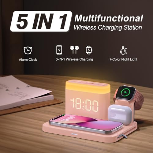 ANJANK 5 in 1 Wireless Charging Station with Alarm Clock,7 Night Light & 0-100% Dimmer,Qi Mag-Safe Charger Stand for Apple Devices - for iPhone 17 16 15 14 13 12 Pro Max Plus Air,Apple Watch,Airpods - Image 2