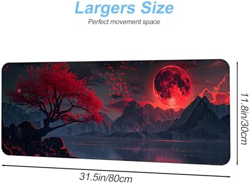 Red Moon Mouse Pad XXL – Large Gaming Desk Mat with Dark Mountain Landscape & Sakura Tree, Extended Mousepad with Non-Slip Base for Office, Gamer Setup,31.5 x 11.8 in - Image 2