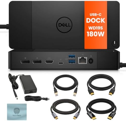 WD19S Dell Docking Station Dual Monitor USB-C Bundle, 180W Power Adapter, with TT Cables Each 2m, DisplayPort, HDMI, USB4-C, Ethernet Microfiber Cloth Included, with 3-Year Warranty by TechTray
