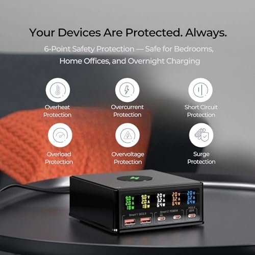 160W Desktop Charger Station with Wireless Charging Pad & Per-Port Display - Image 3