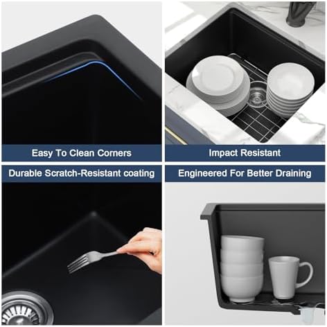 Lordear 21 Inch Granite Composite Bar Sink - 21"x18" Undermount Kitchen Sink Black Single Bowl Under Counter Ledge Workstation Bar Prep RV Basin - Image 6