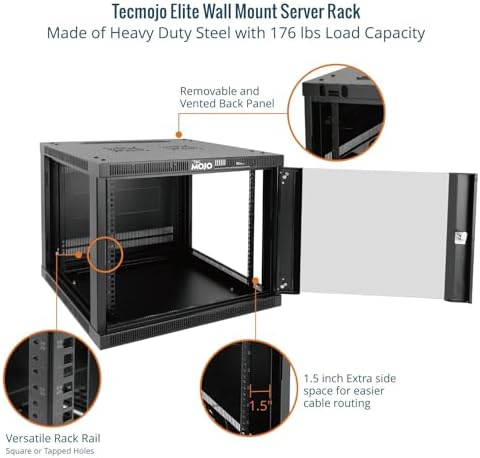 Tecmojo 9U Wall Mount Rack Cabinet, Heavy-Duty 176 Lbs High Load Capacity, 19” Enclosed Server Network Rack with 2 Colling Fans,Glass Door, 23.6” Deep – Elite Collection - Image 5