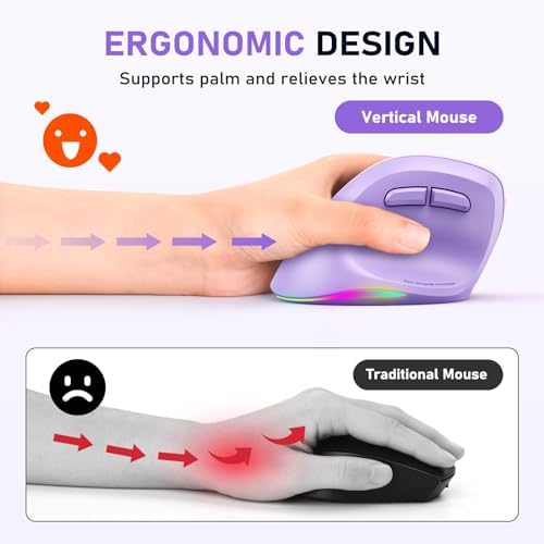 MEETION Left-Handed Wireless Ergonomic Vertical Mouse, Rechargeable -Purple - Image 2