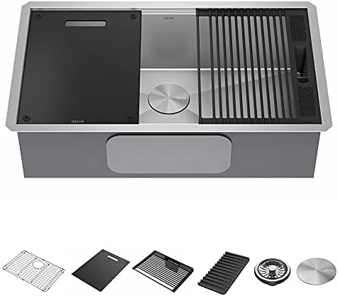 DELTA FAUCET DELTA Rivet 32-Inch Workstation Kitchen Sink Undermount 16 Gauge Stainless Steel Single Bowl with WorkFlow Ledge and Chef’s Kit of 6 Accessories, 95B931-32S-SS by Unknown