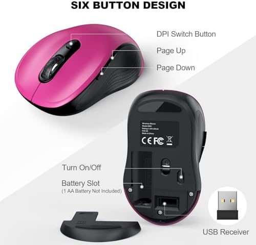 WisFox 2.4G Wireless Mouse for Laptop, Ergonomic Computer Mouse with USB Receiver and Type-C Adapter, 3 Adjustable Levels, 6 Button Cordless Wireless Mice for Windows Mac PC Notebook (Fuchsia) - Image 5