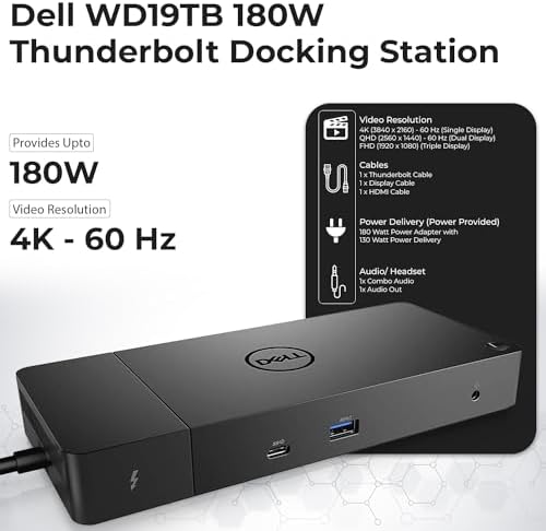 Dell WD19TB 180W Dock Bundle, 130W PD, Dual 4K + HDMI + DP + TB Cables + Cloth, Black - Image 3