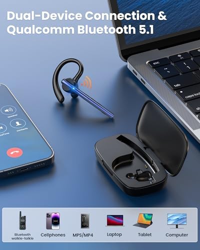 New Bee Bluetooth Headset V5.1 72H Talk Time Dual Mic with Mute Button for Business, Wireless Hand-Free Bluetooth Earpiece with 500mAh Charging Case for Cell Phone Calls Trucker Driver Laptop - Image 6