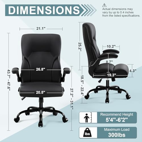 Executive Office Chair,High Back Ergonomic Comfy Desk Chair with Padded Flip-up Armrests and Wheels,PU Leather Heavy Duty Computer Swivel Rolling Task Chair for Home Office,Adults,Black - Image 3
