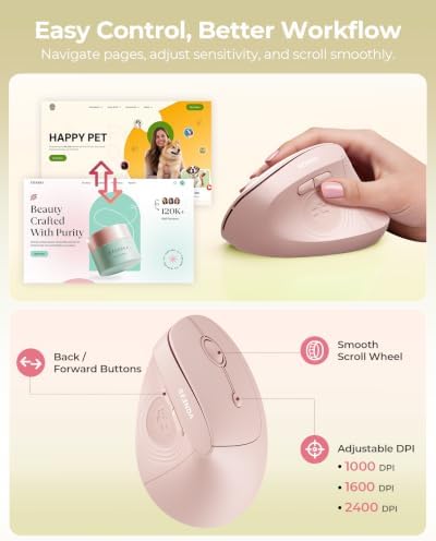 seenda Ergonomic Wireless Mouse, 52° Vertical Bluetooth Mouse,Light Pink - Image 3