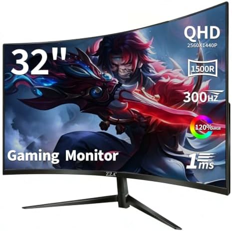 ZZA 32 Inch Curved Gaming Monitor 300Hz, QHD 1440p 2K Computer Monitor, 1ms (GTG) 1500R VA Panel, HDR10, AMD FreeSync Premium, Eye Care, Adjustable Stand, HDMI 2.1 & DP 1.4, for PC PS5 Xbox by ZZA