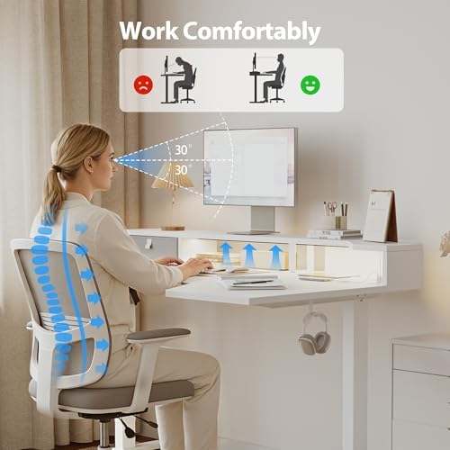 Agilestic 63*35 Inch L Shaped Standing Desk with Shelf & Led& Outlet, White - Image 5