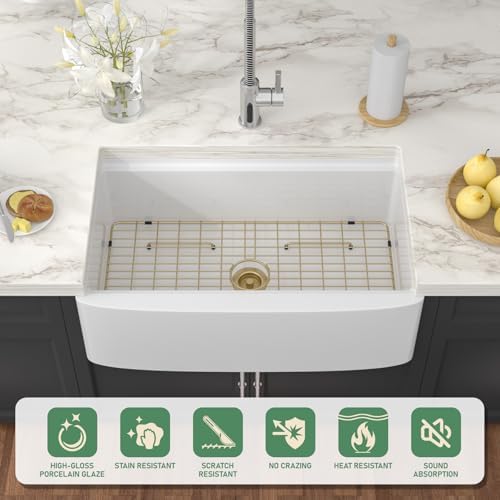 33 Inch White Farmhouse Sink Workstation - Couoko White Curved Apron Front Fireclay Farmhouse Sink Large Deep Ceramic Single Bowl Farm Kitchen Sinks with Luxury Gold Accessories, 33" x 21" x10" - Image 3