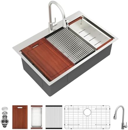 Sarlai 33 Drop In Kitchen Sink with Faucet- 33x22 Inch Drop Kitchen Sink Ledge Workstation Sinks 16 Gauge Stainless Steel Single Bowl Topmount Sinks Basin with Pull-out Faucet by Sarlai