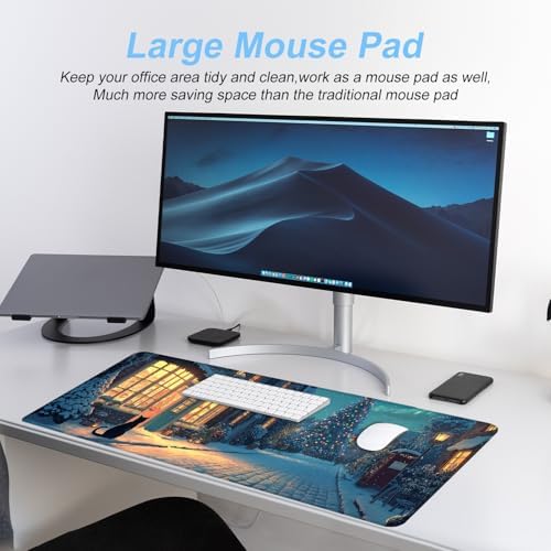 Christmas Winter Village Mouse Pad – 31.5" x 11.8" Large Extended Desk Mat with Black Cat and Christmas Tree Scene – Cozy Holiday Design, Non-Slip Base, Smooth Surface for Home & Office - Image 2