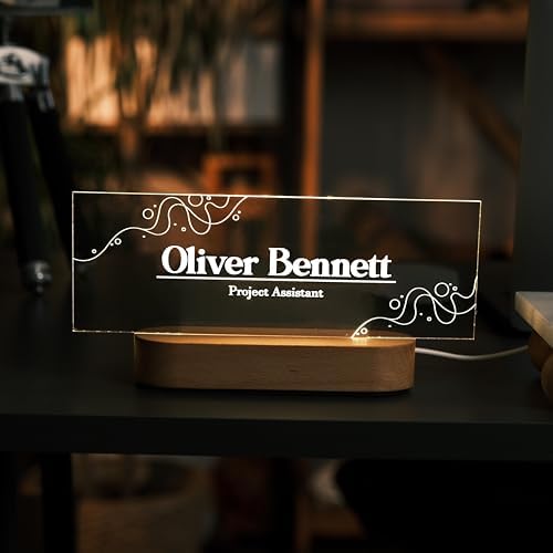 Personalized LED Desk Name Plate Custom Acrylic Office Name Sign with Wooden Base - Image 2